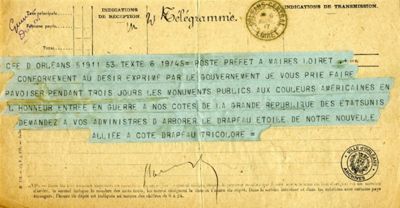 Télégramme du Préfet du Loiret aux Maires pour le pavoisement des monuments publics , 6 avril 1917 (4H41)