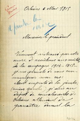 Demande du tirailleur Amar Ben Aissa au Maire d'Orléans pour l'obtention d'une jambe artificielle, 1915 (4H46) - 1