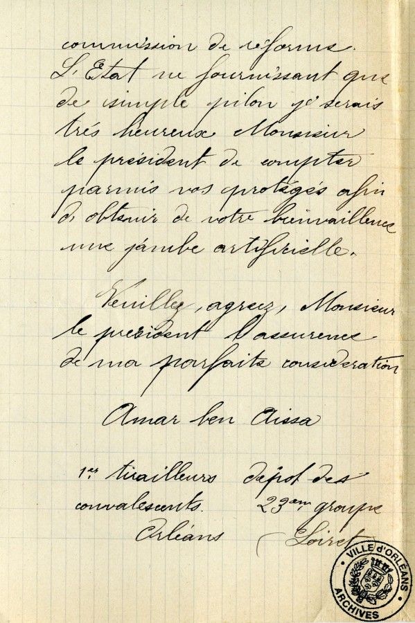 Demande du tirailleur Amar Ben Aissa au Maire d'Orléans pour l'obtention d'une jambe artificielle, 1915 (4H46) - 2