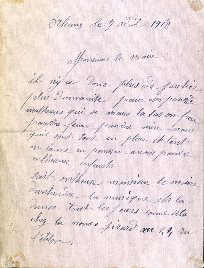 Demande de cessation des bals clandestins au débit de boisson Girard, 7 avril 1918 (1J415) - 1