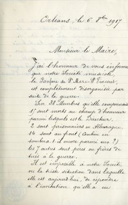 Lettre du président de la Fanfare St-Marc St-Vincent, 6 octobre 1917 (1J276) - 1