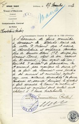 Rapport du Commissaire central de police sur la Chocolaterie Saintoin, 27 novembre 1916 (4H39)