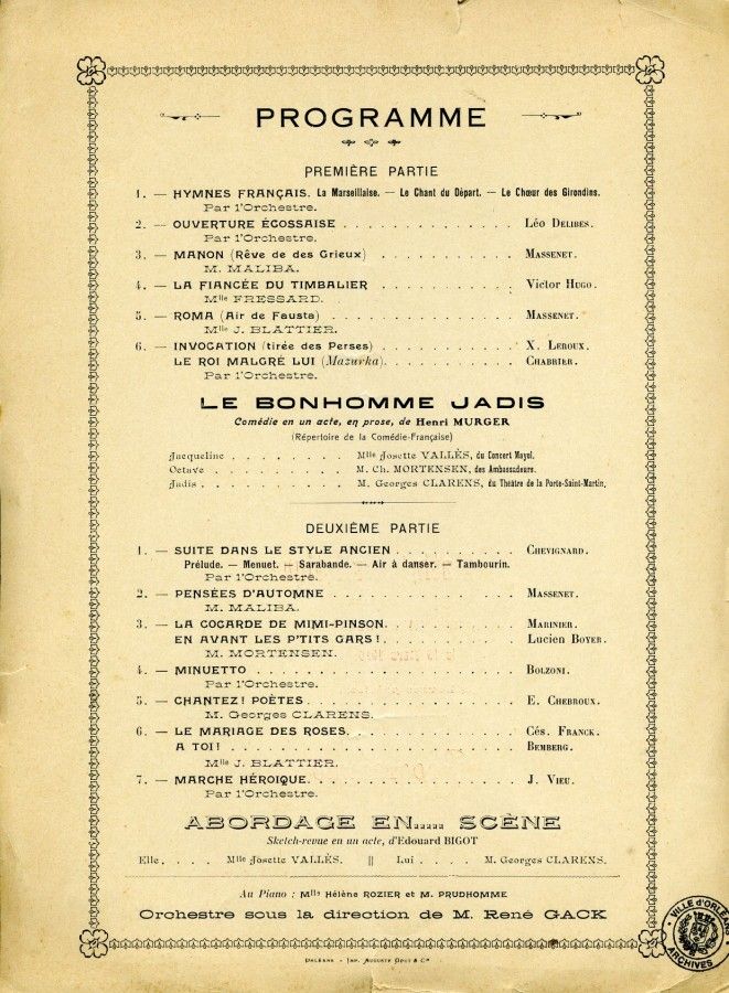 Programme de la matinée artistique à l'hôpital mixte d'Orléans, 19 mars 1916 (6S) - 2
