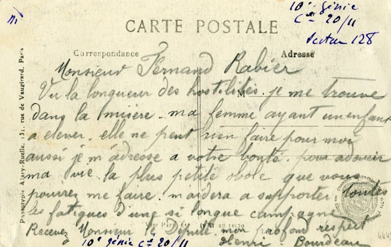 Demande d'aide du soldat Henri Bourdeau, vers 1915 (4H45) - 2