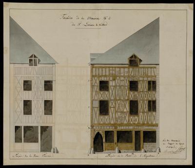 Façade de la maison N°2 du sieur Lorion Le Vassor : plan [ca.1832]. Auteurs : Pagot et Branet. Cote 1Fi52. Archives municipales d'Orléans.