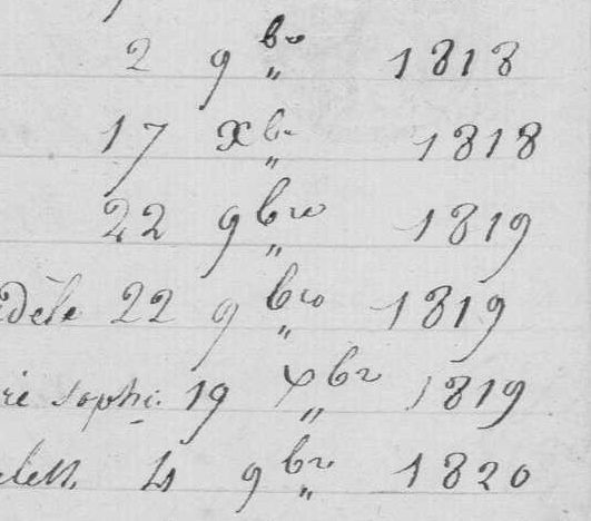 Extrait de la table décennale des décès de 1813-1822 (AMO, 1E8)