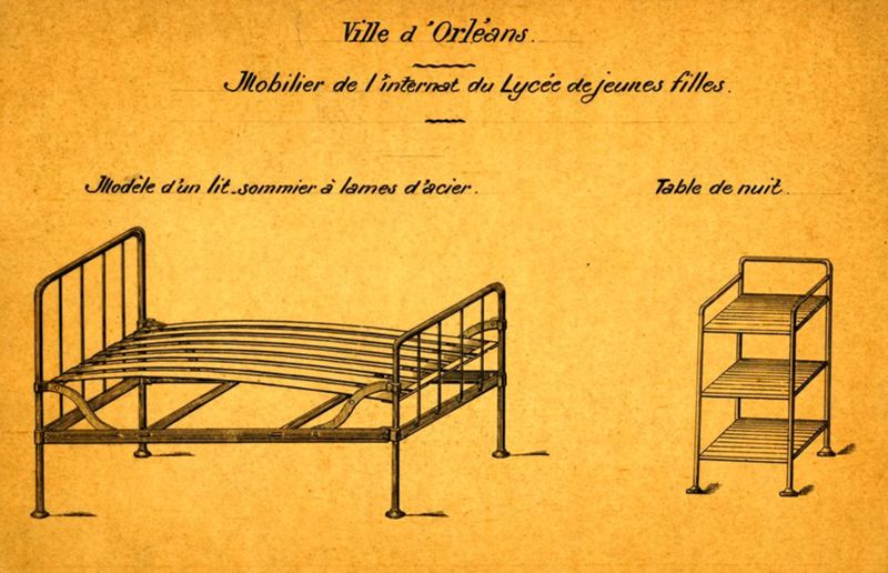 Plan du lit et de la table de nuit installés dans les chambres de l’internat