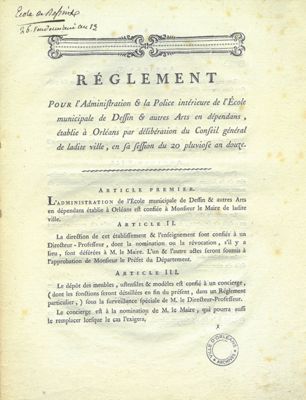 Règlement pour l'administration et la police de l'école. 20 pluviose an 12 (18 octobre 1804). Archives municipales d'Orléans, 1R2040