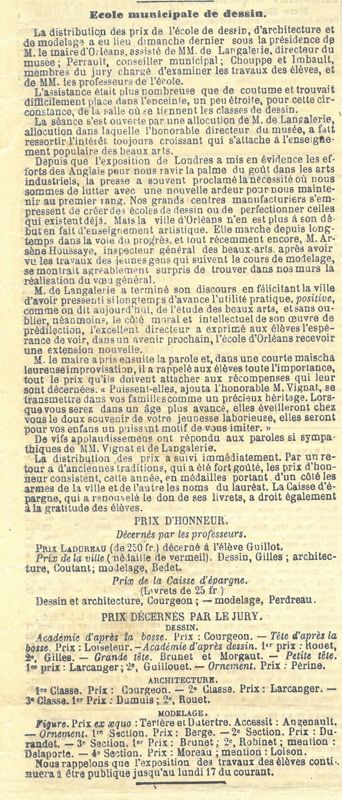 Ecole municipale de dessin. Discours de remise des prix. 1861. Coupure de presse. Archives municipales d’Orléans, 7R2