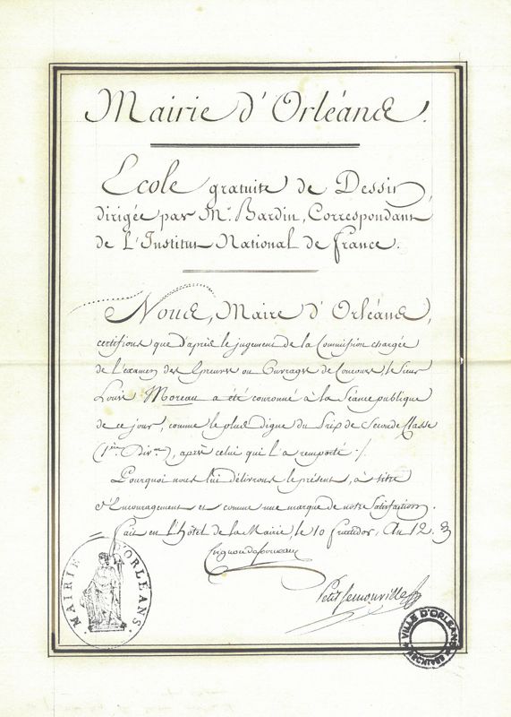 Certificat de prix de seconde classe, première division, décerné à l’élève Louis Moreau. 10 fructidor an 12 (28 août 1804). Archives municipales d’Orléans, 1R2041