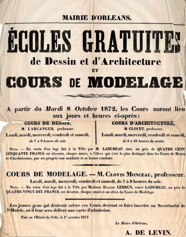 Ecoles gratuites de dessin et d'architecture et cours de modelage. 1872. Affiche administrative. AMO, 1R2041