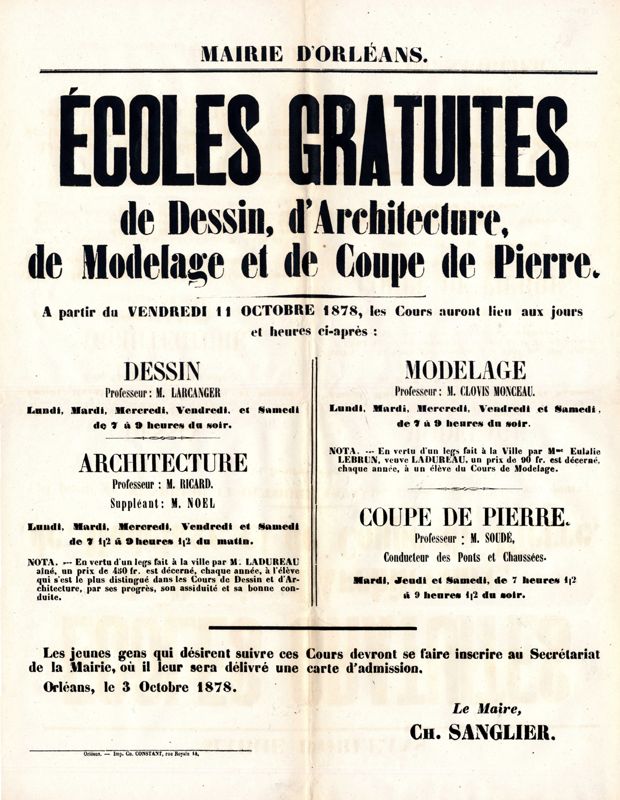 Ecoles gratuites de dessin, d'architecture, de modelage et de coupe de pierre. 1878. Affiche administrative. AMO, 15Fi719