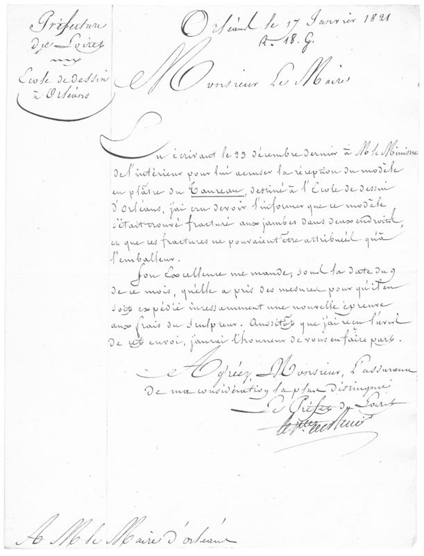Moulages. Correspondance. 1821. Archives municipales d'Orléans, 7R1