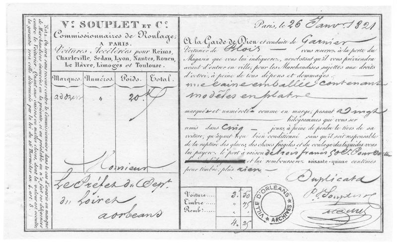 Moulages. Correspondance. 1821. Archives municipales d'Orléans, 7R1