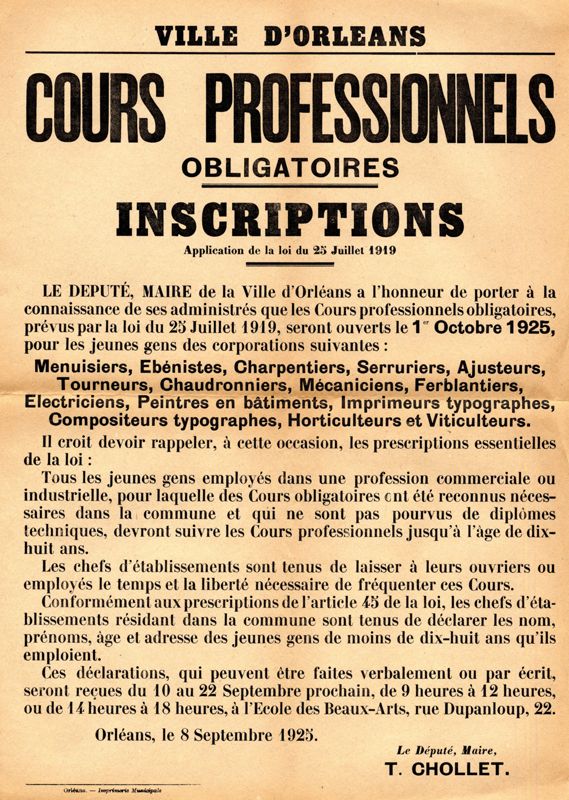 Cours professionnels obligatoires. Inscriptions. 1925. Affiche administrative. AMO, 15Fi2337 