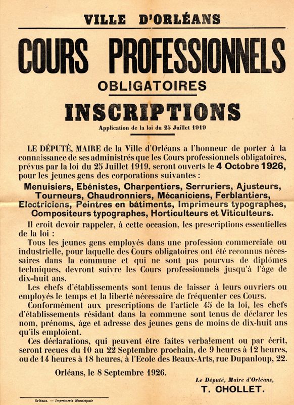 Cours professionnels obligatoires. Inscriptions. 1926. Affiche administrative. AMO, 15Fi2368