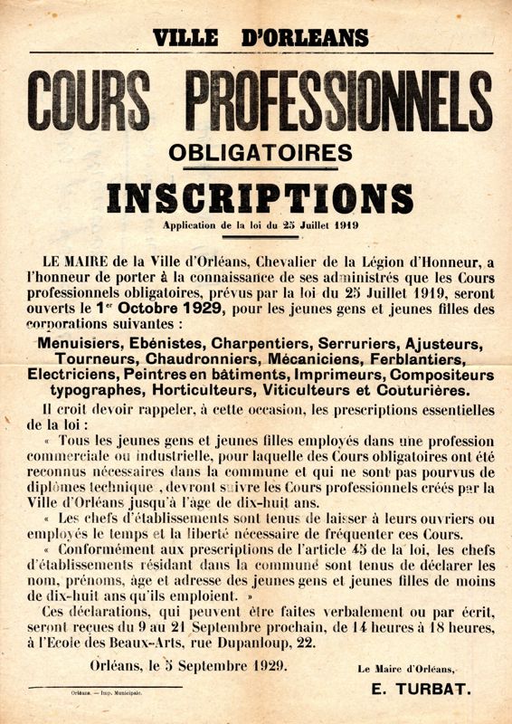Cours professionnels obligatoires. Inscriptions. 1929. Affiche administrative. AMO, 15Fi2423