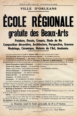 Ecole régionale gratuite des beaux-arts. 1956. Affiche administrative. Archives municipales d’Orléans, 1R2041