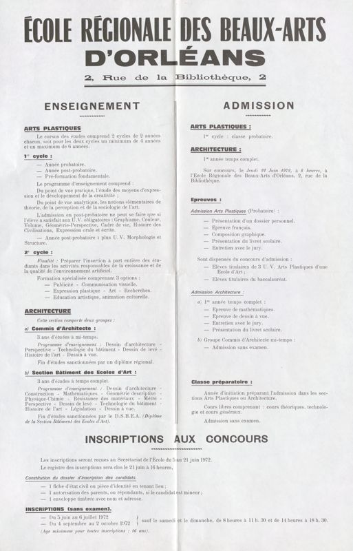 Ecole régionale des beaux-arts d'Orléans. Enseignement-Admission. 1972. Affiche administrative. Archives municipales d'Orléans, 1R2046