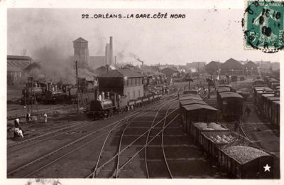 La gare d'Orléans, côté Nord : carte postale [ca 1900-1910]. Editeur : [Marque étoile]. Cote 2Fi1283. Archives municipales d'Orléans.