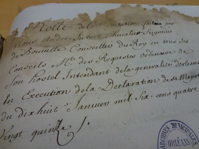 Extrait du registre de capitation de 1695 avant restauration (AMO CC92)