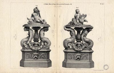Extrait du catalogue de Ducel représentant des fontaines commandées par la Ville.